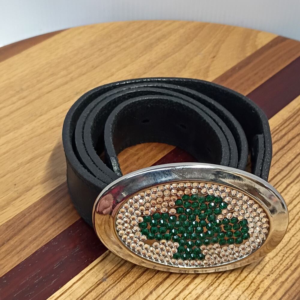 Rhinestone Shamrock Buckle Silver Creek Genuine Leather Belt Mens 36 Black USA
